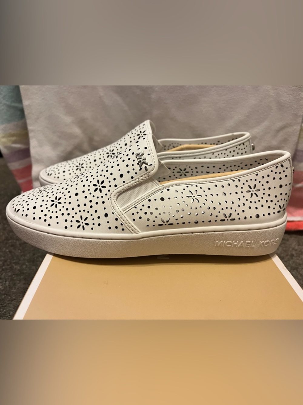 Michael Kors White Floral Perforated Slip-On Sneakers